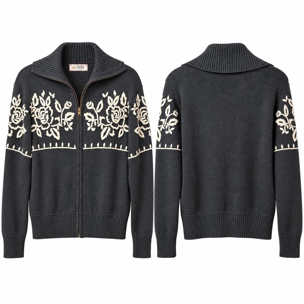 Vtg TIARA International Full-Zip Cardigan Sz L Black White Floral Embroidered